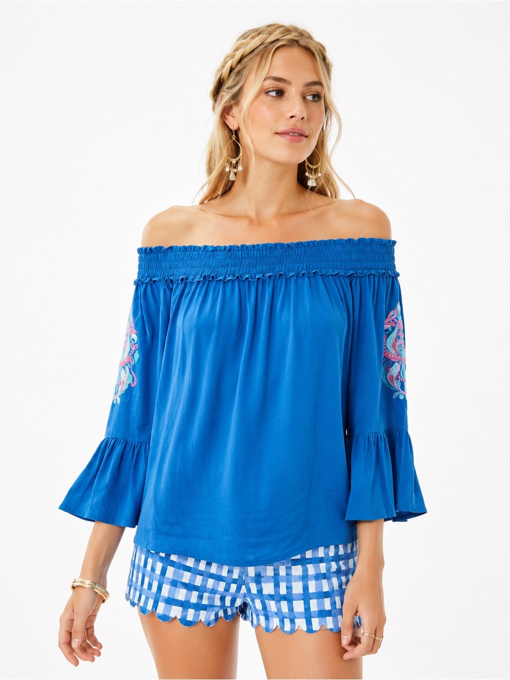 Lilly Pulitzer Moira Off Shoulder Top Small Blue Embroidered Bell Sleeve Boho